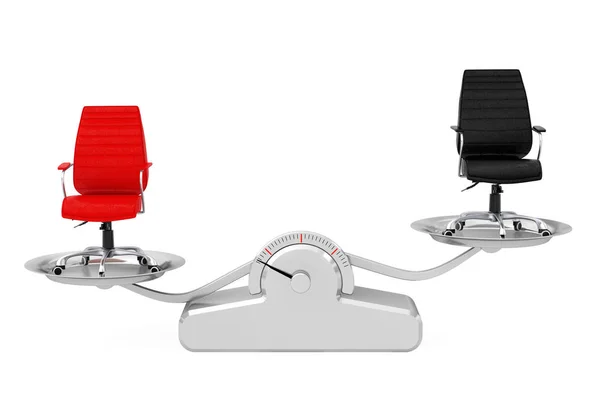 Sillas de oficina de jefe de cuero rojo y negro equilibrándose en una simple W — Foto de Stock