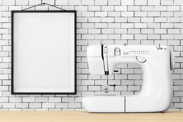Moderna máquina de coser blanca en frente de la pared de ladrillo con blanco Fr —  Fotos de Stock