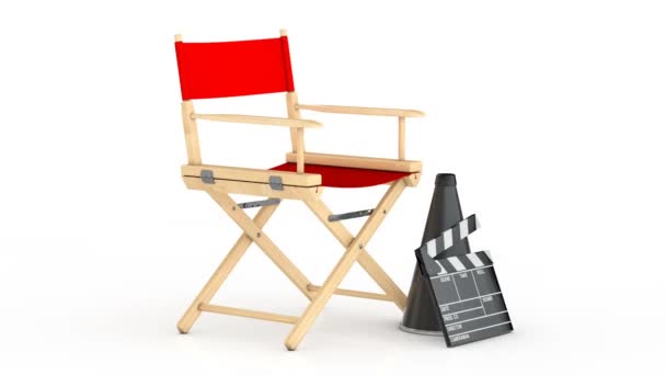 Cinema Industry Concept. Red Director Chair, Movie Clapper and Megaphone — Stock Video