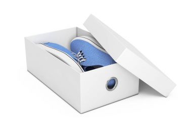 New Unbranded Blue Denim Sneakers in White Shoe Box. 3d Renderin clipart
