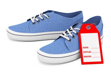 Yeni Unbranded mavi Denim spor ayakkabı Fiyat etiketi ile. 3D render