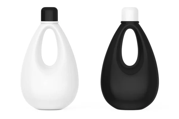 Bouteilles en plastique blanches et noires vierges pour l'eau de Javel, blanchisserie liquide — Photo