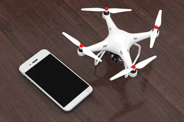 Drone multicopter blanco con teléfono móvil. Renderizado 3d —  Fotos de Stock