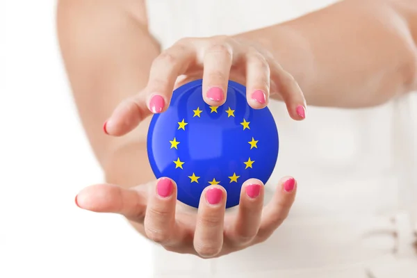 Two Woman Hands Protecting European Union Flag Earth Globe Spher — Stock Photo, Image