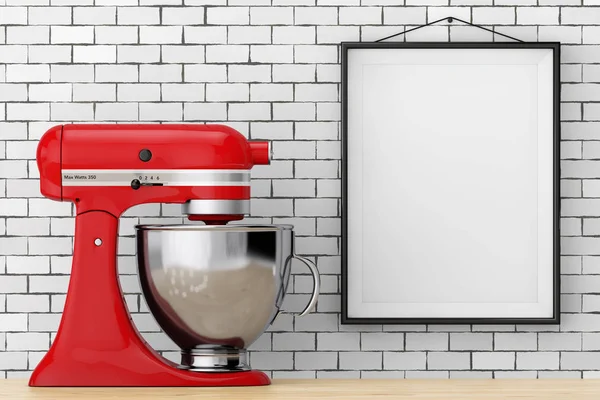 Mezclador de comida de pie de cocina roja frente a la pared de ladrillo con F en blanco —  Fotos de Stock