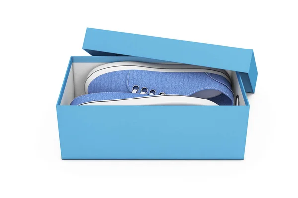 Nuove scarpe da ginnastica in denim blu senza marchio in scatola di scarpe blu. 3d Rendering — Foto Stock