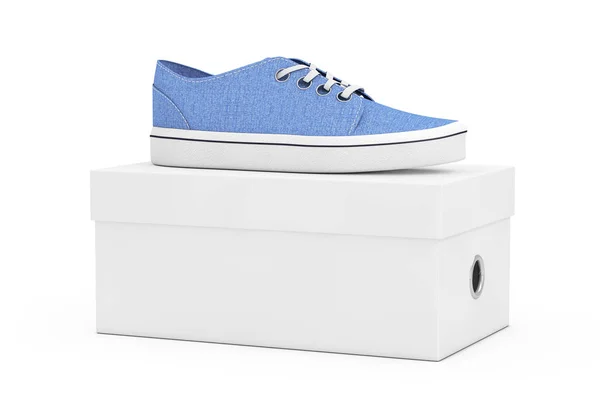 Nuove scarpe da ginnastica in denim blu senza marchio sopra la scatola di scarpe bianca. Render 3d — Foto Stock