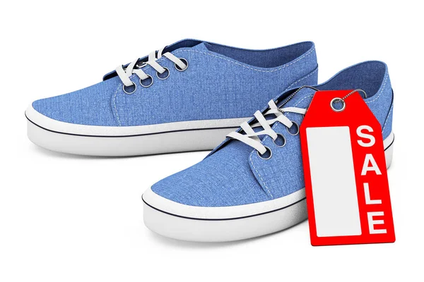 Nuevo Unbranded Blue Denim Sneakers con etiqueta de venta. Renderizado 3d —  Fotos de Stock