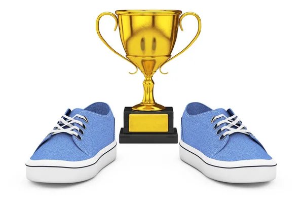 New Unbranded Blue Denim Sneakers near Golden Trophy. 3d Renderi — Stock Photo, Image