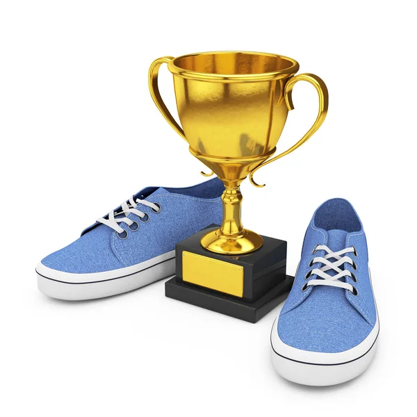 New Unbranded Blue Denim Sneakers near Golden Trophy. 3d Renderi — Stock Photo, Image