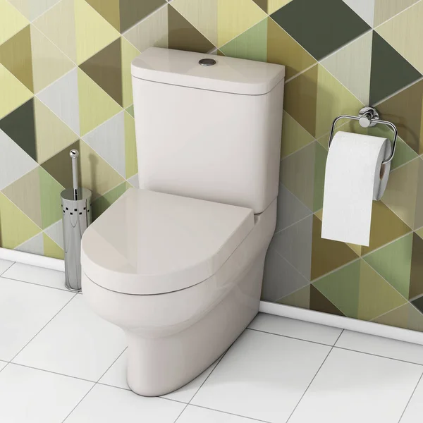 Tigela de WC branco com papel higiênico e escova de toalete metálico em — Fotografia de Stock
