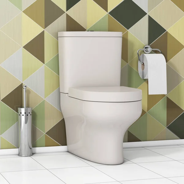 Tigela de WC branco com papel higiênico e escova de toalete metálico em — Fotografia de Stock