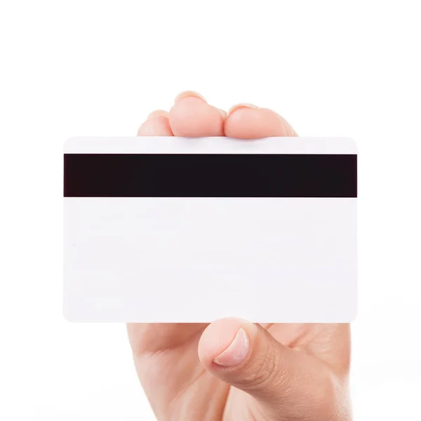 Femme main tenant blanc blanc carte de crédit . — Photo