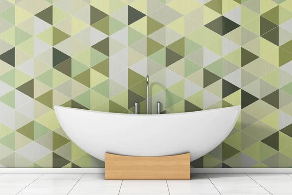 Banheira branca moderna na frente de azulejos geométricos verde-oliva em — Fotografia de Stock
