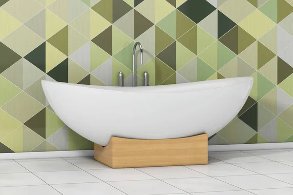 Современная белая ванна перед оливково-зелеными геометрическими тилями в — стоковое фото