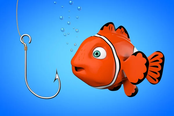 Cartoon rode zee anemoonvis op zoek op een Fishhook. 3D-rendering — Stockfoto