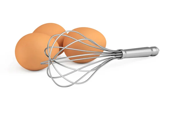 Huevos Marrones cerca de Kitchen Wire Whisk Eggs Beater. Renderizado 3d — Foto de Stock