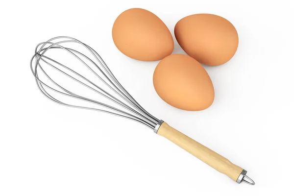 Brązowy jaja w pobliżu kuchnia drutu trzepaczką jajka trzepak. renderowania 3D — Zdjęcie stockowe