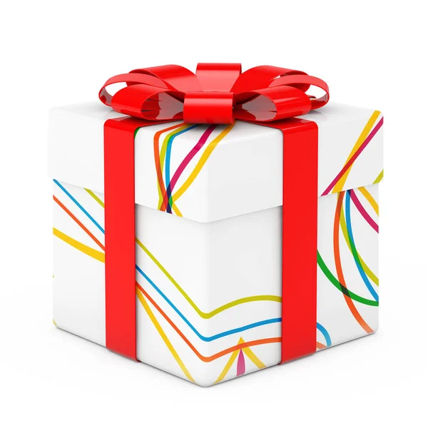 Boîte cadeau blanche dénudée avec arc rouge. Rendu 3d — Photo