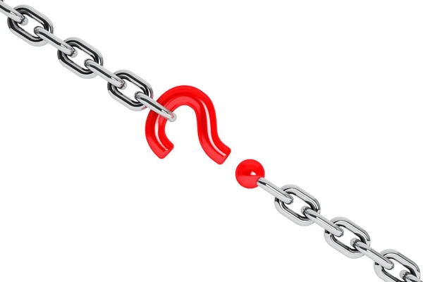 Marca de pregunta roja como uno de los enlaces de cadenas de cromo. Renderizado 3d — Foto de Stock