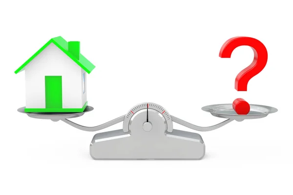 House with Question Mark Balancing on a Simple Weighting Scale. — Stock Photo, Image