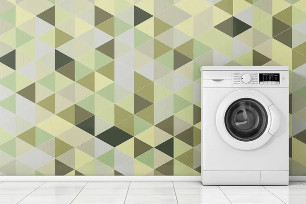 Modern White Washing Machine in front of Olive Green Geometric T — Stock Photo, Image