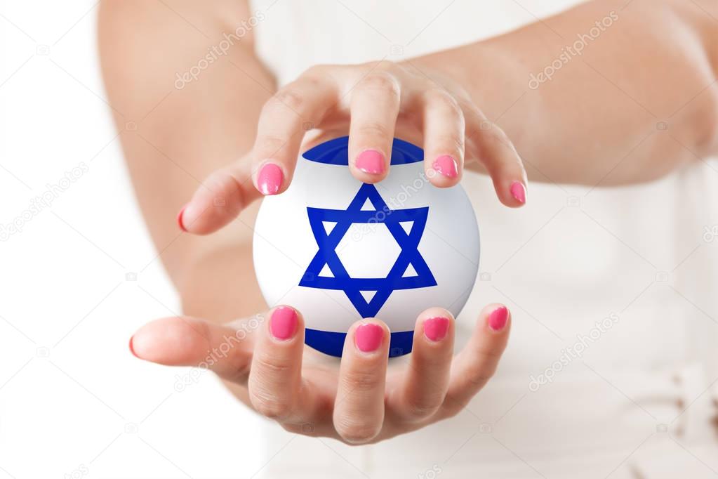 Two Woman Hands Protecting Israel Flag Earth Globe Sphere.