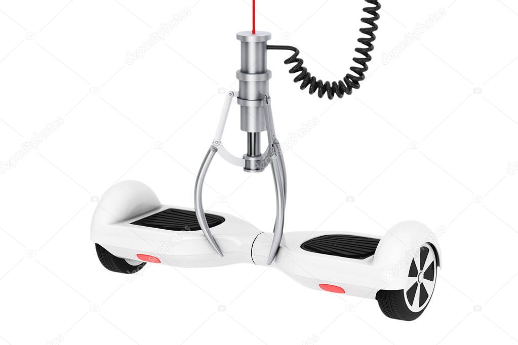 White Self Balancing Electric Scooter in a Chrome Robotic Claw. 