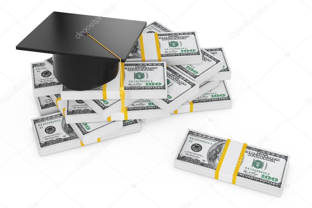 Graduation Cap and Pile of Dollars. 3d Rendering