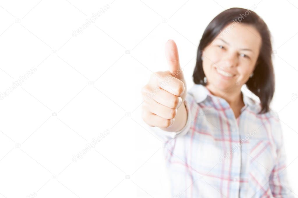 Happy Smiling Beautiful Young Woman Showing Thumb Up