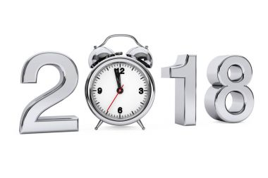 Yeni yıl 2018 kavramı. Çalar saat ile 2018 çelik işareti. 3D parçalamak