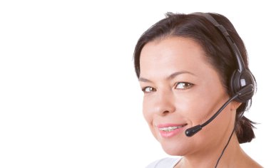 Callcenter çalışma kulaklık ile mutlu kadın