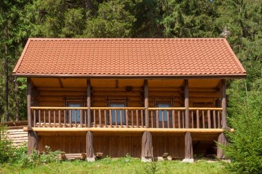 Holiday Apartment kavramı. Orman içinde ahşap kulübe