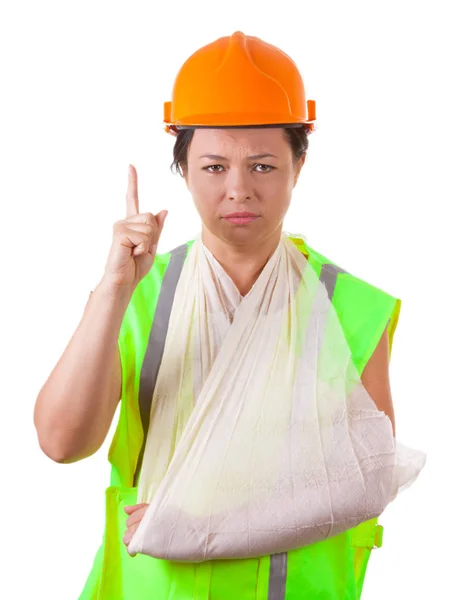 Attractive Woman Worker in Safety Jacket and Yellow Helmet with — Stock Photo, Image