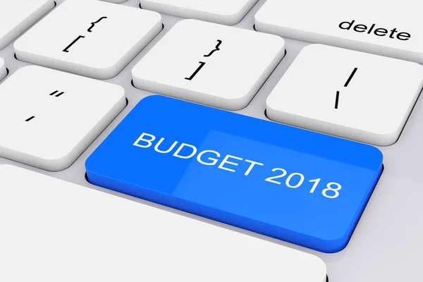 Μπλε κλειδί 2018 προϋπολογισμού σε λευκό πληκτρολόγιο Pc. 3D rendering — Φωτογραφία Αρχείου