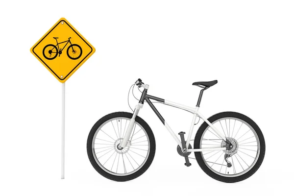 Bicicleta de montaña en blanco y negro cerca de señal de advertencia de tráfico de bicicletas . —  Fotos de Stock