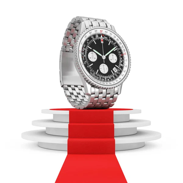 Reloj de pulsera de lujo clásico analógico de plata para hombres sobre blanco redondo — Foto de Stock