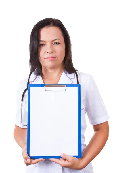 Médico Mulher com Estetoscópio Segurando Clipboard com Bla — Fotografia de Stock