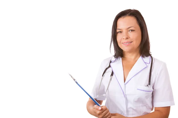 Medical Woman Doctor with Stethoscope Holding Clipboard — Stock Photo, Image
