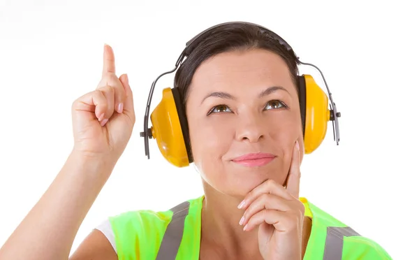 Attractive Woman Worker in Safety Jacket and Protective Ear Head — Stock Photo, Image