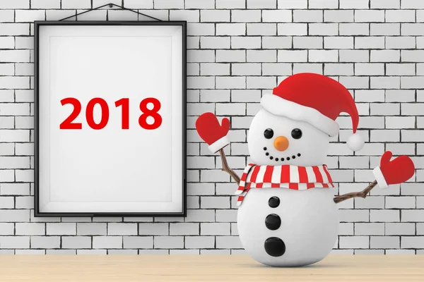 Snowman in front of Brick Wall with Frame 2018 Sign. 3d Renderin