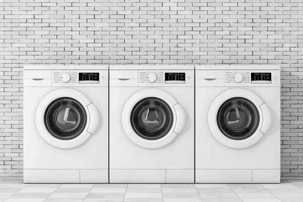 Rij van moderne wasmachines. 3D-rendering — Stockfoto