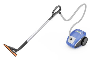 Ev aletleri kavramı. Modern elektrikli süpürge. 3D render