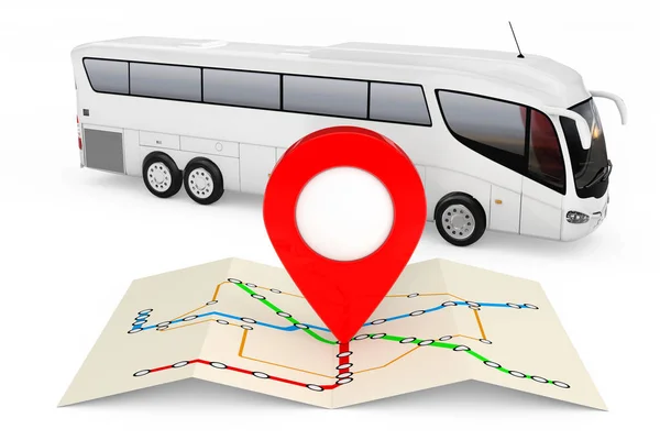 Autobus stacje mapę z Red Point Pin przed duży autokar biały — Zdjęcie stockowe