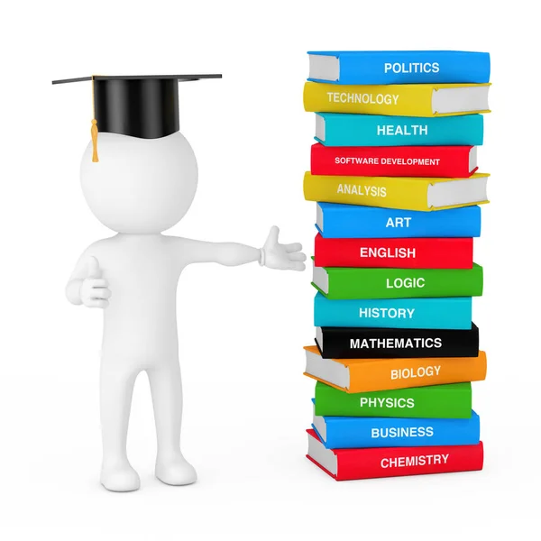 3d Person in Graduation Hat near Stack of Coloured School Books. — Stock Photo, Image