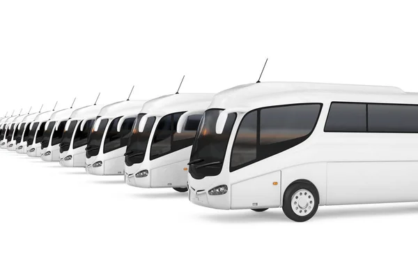 Rij met grote witte Coach Tour bussen. 3D-rendering — Stockfoto