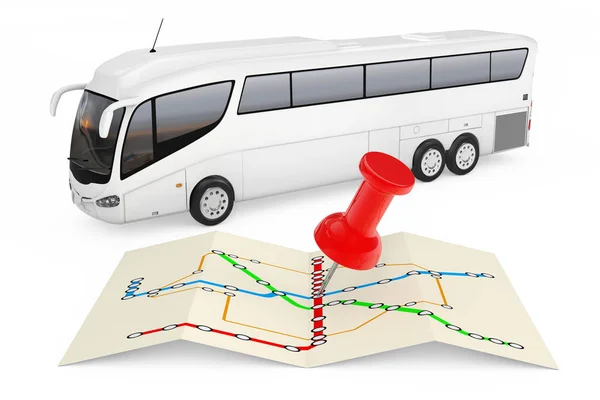 Mapa de las estaciones de autobuses con Red Push Pin delante de Big White Coach T — Foto de Stock