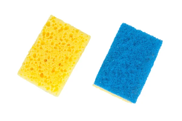 Gelbe und blaue Haushaltsreinigungsschwämme zur Reinigung — Stockfoto