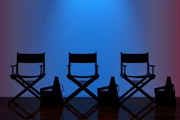 Director Chairs, Movie Clappers and Megaphones with Blue Backlig