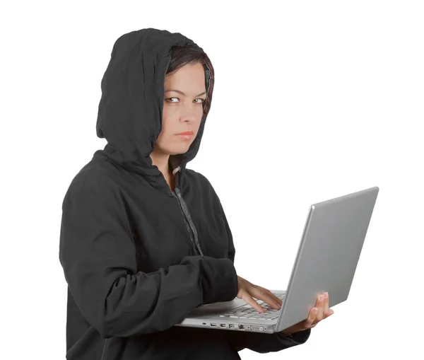 Criminal Woman Hacker Wearing Hood On Using a Laptop — Stock Photo, Image